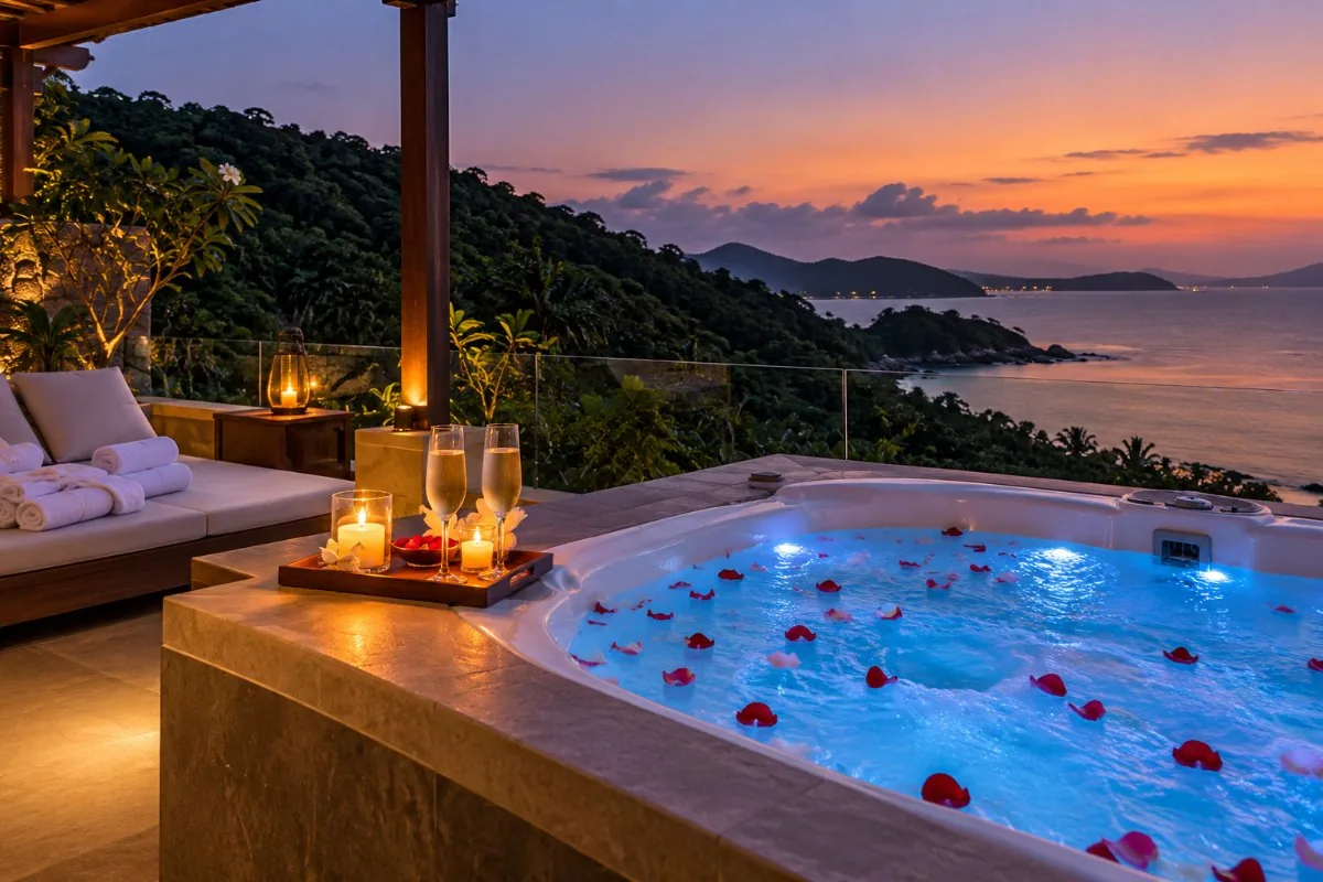 Villa terrace jacuzzi with rose petals, champagne and candles overlooking the sea at dusk