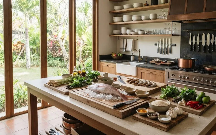 Villa kitchen island with whole fish on ice, prawns, lemongrass, herbs, chillies and spice bowls