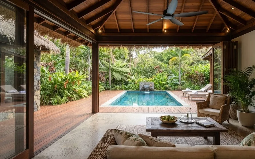 Open villa living pavilion with sliding doors onto a private plunge pool and tropical garden