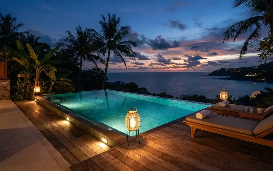 Lit turquoise villa pool with lanterns, loungers and silhouetted palms above a dark ocean at dusk