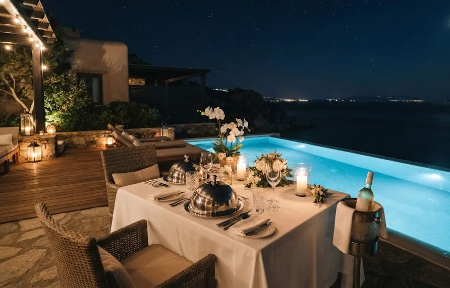Candlelit private dinner table with silver cloches beside a glowing infinity pool at night