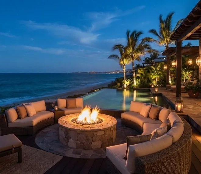 Stone fire pit with curved lounge sofas beside an infinity pool facing the sea at dusk