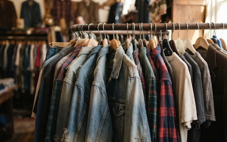 Close-up of a clothing rail with faded denim jackets, flannel shirts and cotton tees on wooden hangers