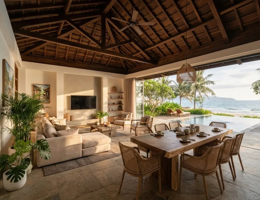 Open villa living room with timber ceiling, sofas and dining table facing the pool and sea