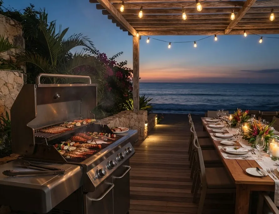 Villa terrace with a seafood barbecue and a long candlelit dinner table by the sea