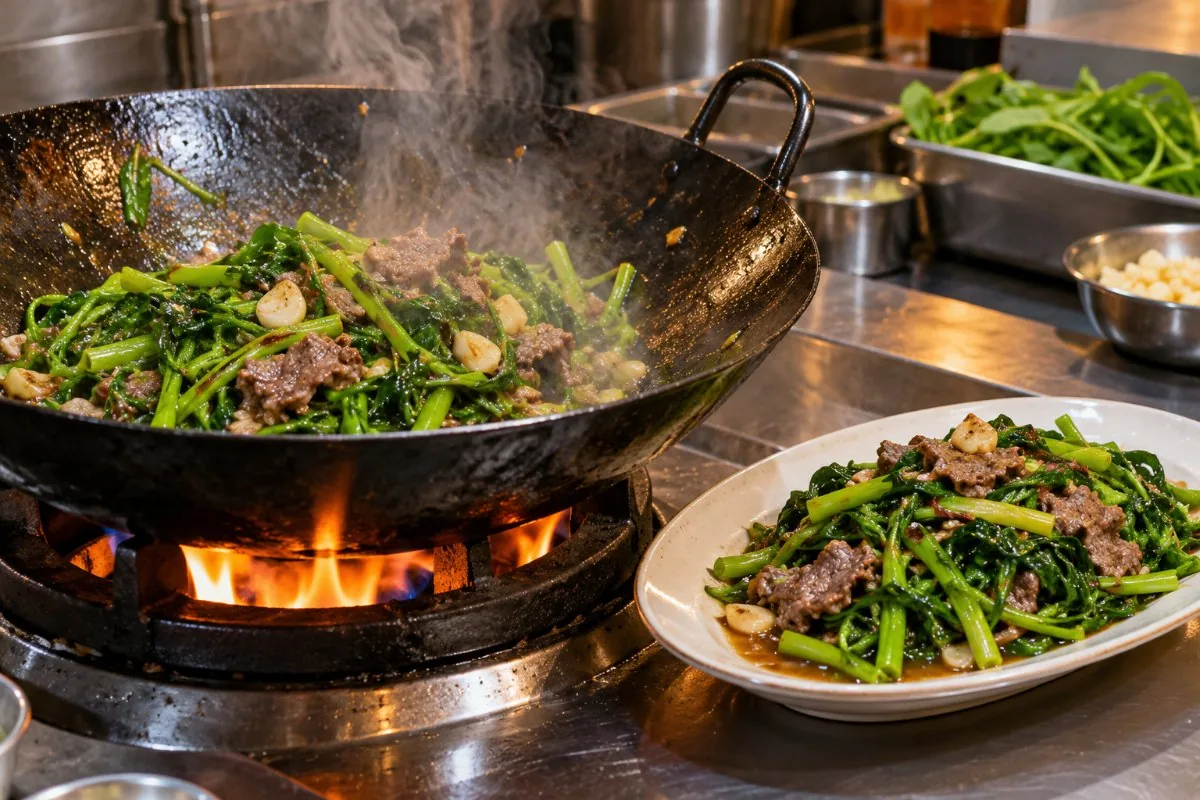 Water spinach and beef stir frying in a wok over a flame beside the finished plate