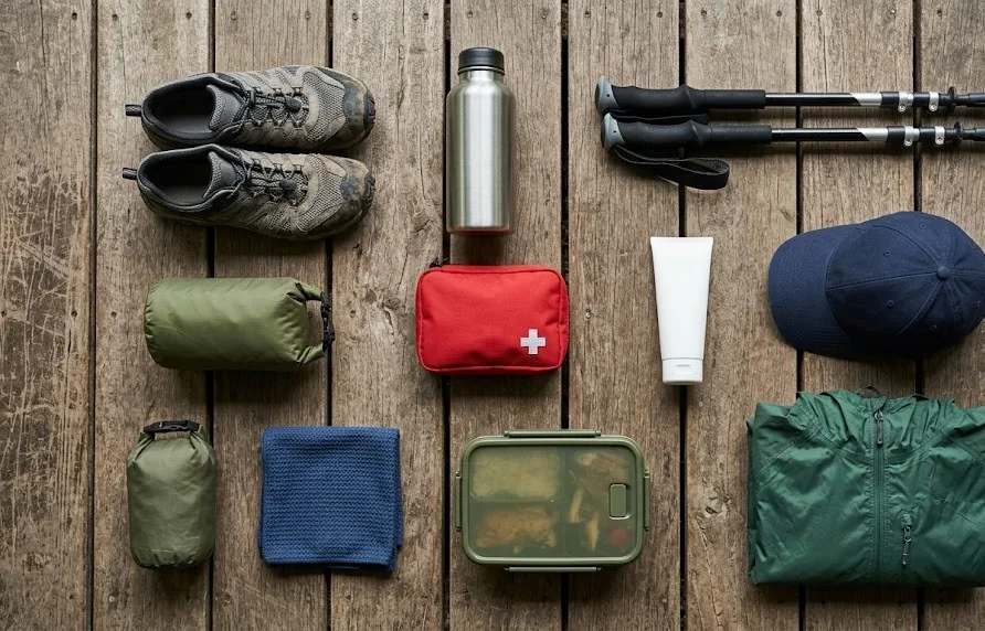 Flat lay of waterfall hiking gear: water shoes, bottle, dry bag, first aid kit, poles and rain jacket