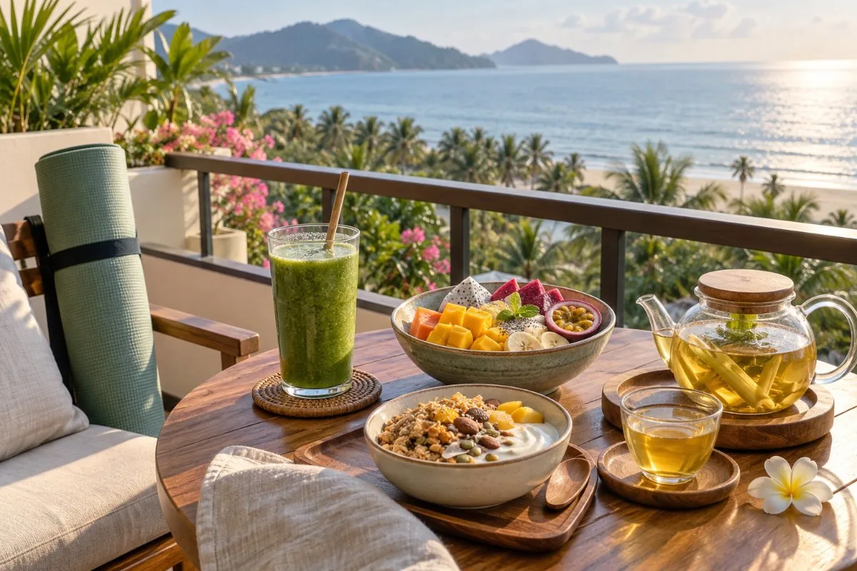 Green smoothie, fruit bowl, granola and lemongrass tea on a balcony with a rolled yoga mat