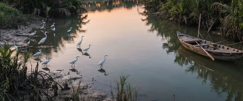 Egrets wading in a calm wetland channel beside water coconut palms and a wooden boat
