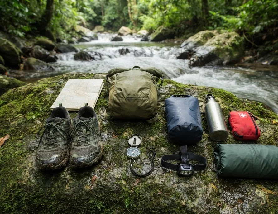 Waterfall hiking kit on a mossy rock: trail shoes, daypack, map, compass and dry bag
