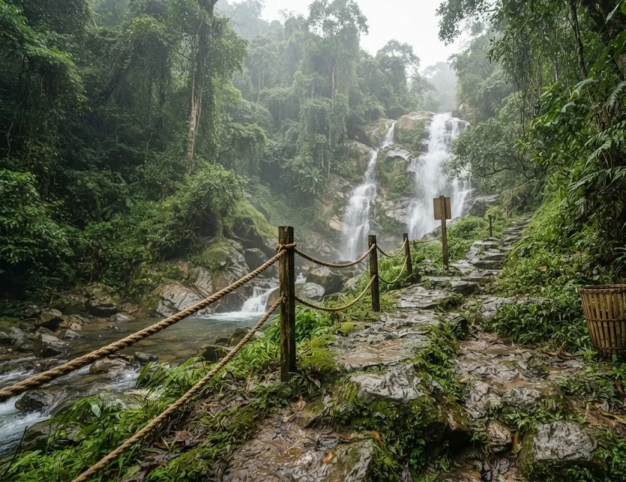 Slippery stone trail with a rope handrail leading to a misty waterfall
