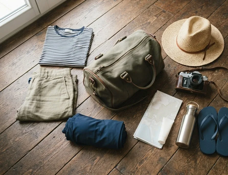 Weekend bag packing flat lay: duffel, clothes, straw hat, camera, map and flip flops