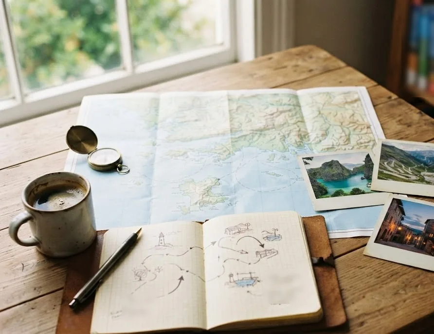 Weekend trip planning with a map, compass, route sketches and printed travel photos