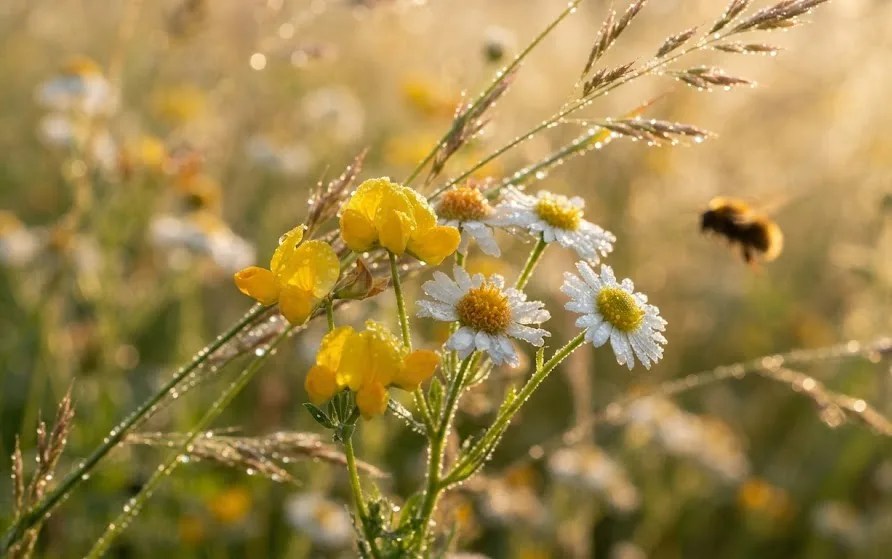 Close-up of yellow and white wildflowers beaded with dew, a bee blurred in the golden background