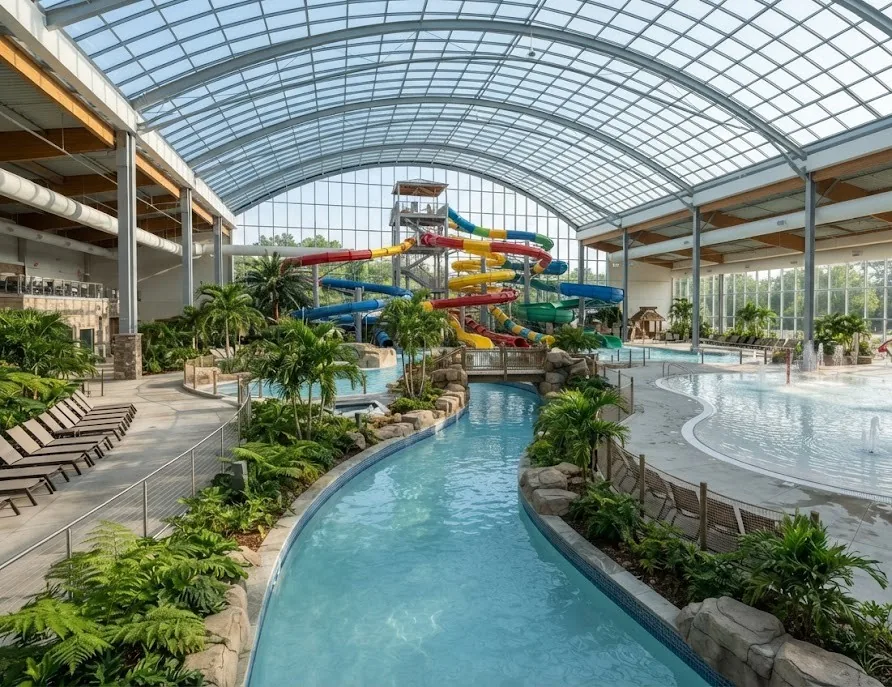 Empty indoor water park with a lazy river and colorful slides under a glass roof