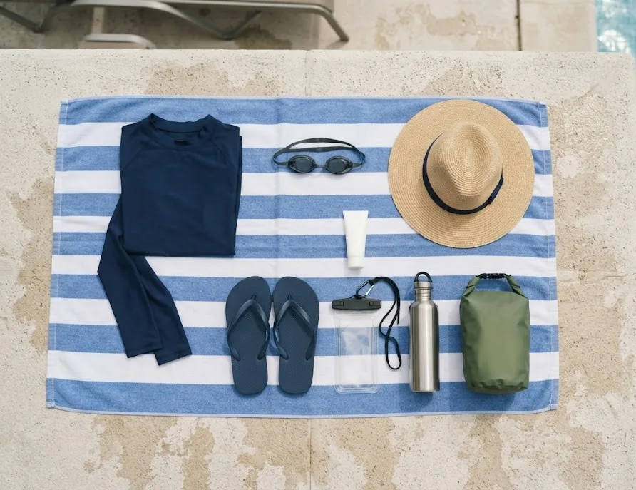 Water park day kit with rash guard, goggles, sun hat, flip flops and dry bag
