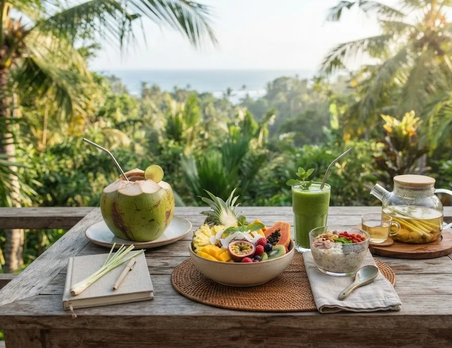 Healthy retreat breakfast with a fresh coconut, fruit bowl, green smoothie and herbal tea