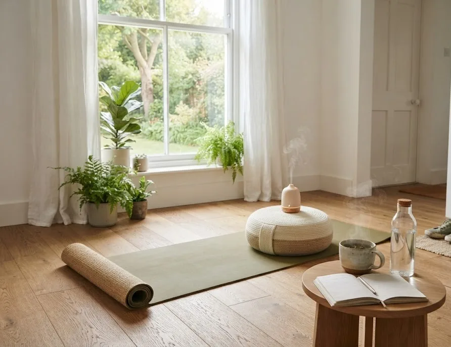Calm home wellness corner with a yoga mat, meditation cushion, diffuser and tea