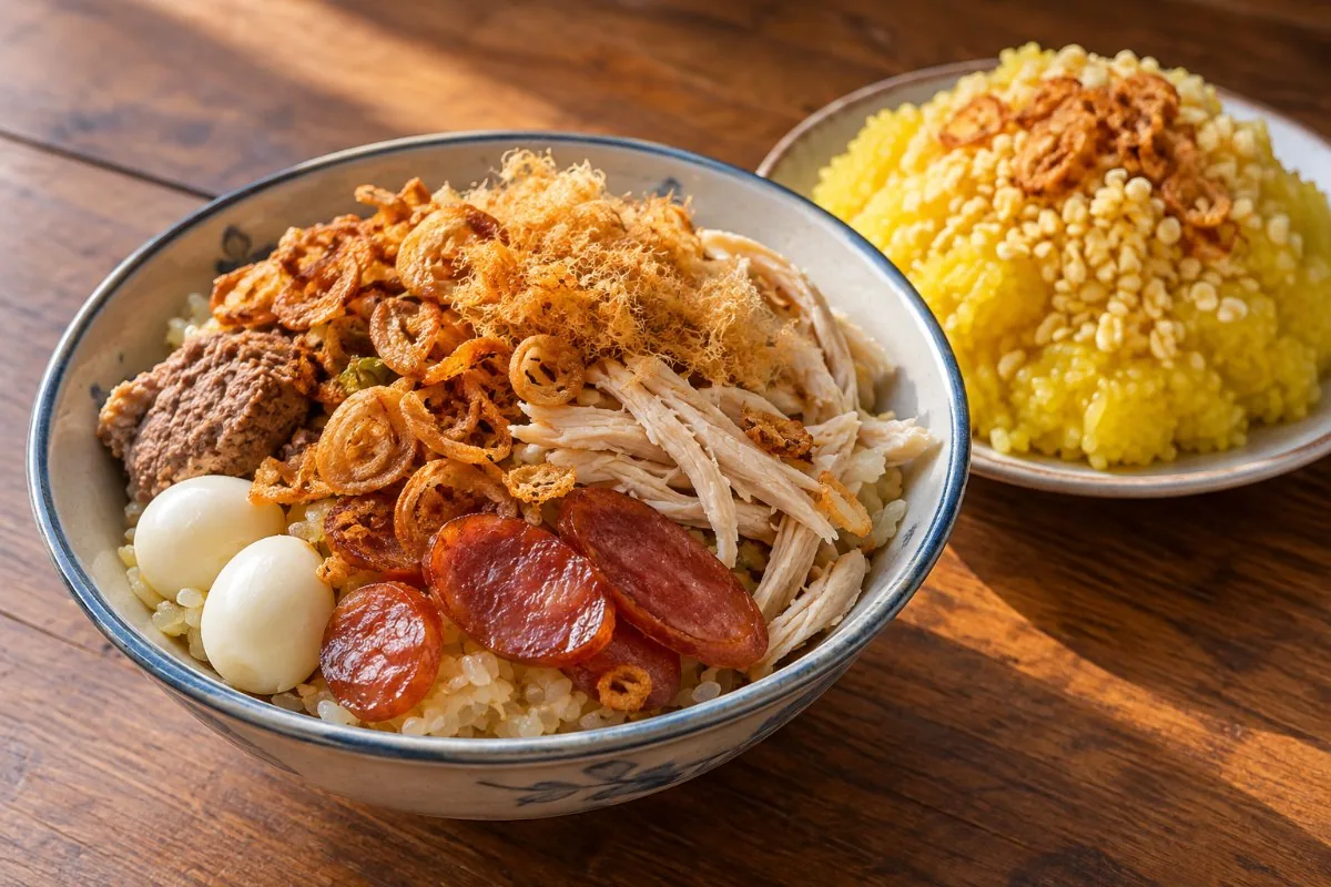 Savory sticky rice with Chinese sausage, chicken, pork floss, quail eggs and turmeric sticky rice