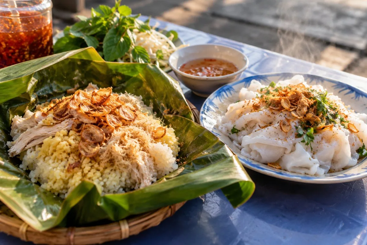 Sticky rice in a banana leaf with chicken and pork floss beside soft banh uot rice sheets