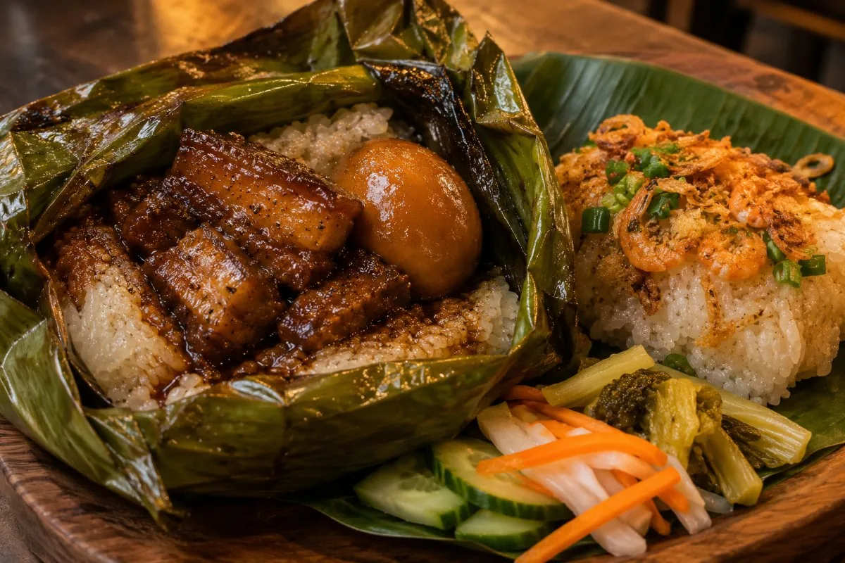 Sticky rice in banana leaf with caramel braised pork and egg beside dried shrimp sticky rice