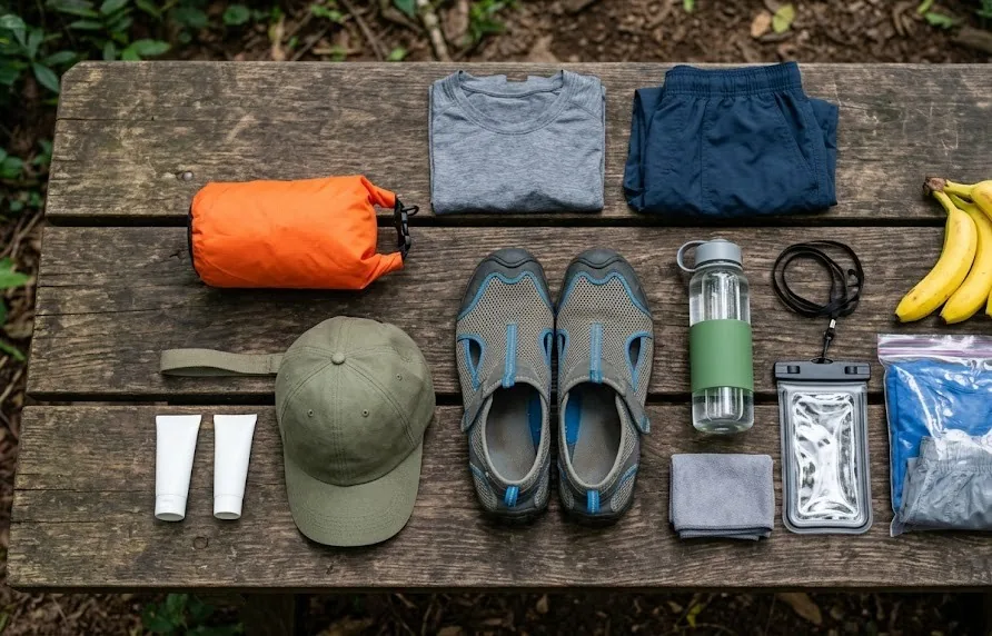 Flat lay of dry bag, water shoes, quick-dry clothes, cap, bottle, sunscreen and phone pouch for a forest zipline day
